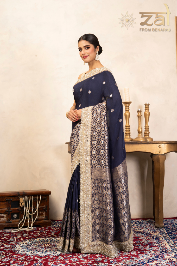 Navy Blue Pure Katan Silk Banarasi Handloom Saree