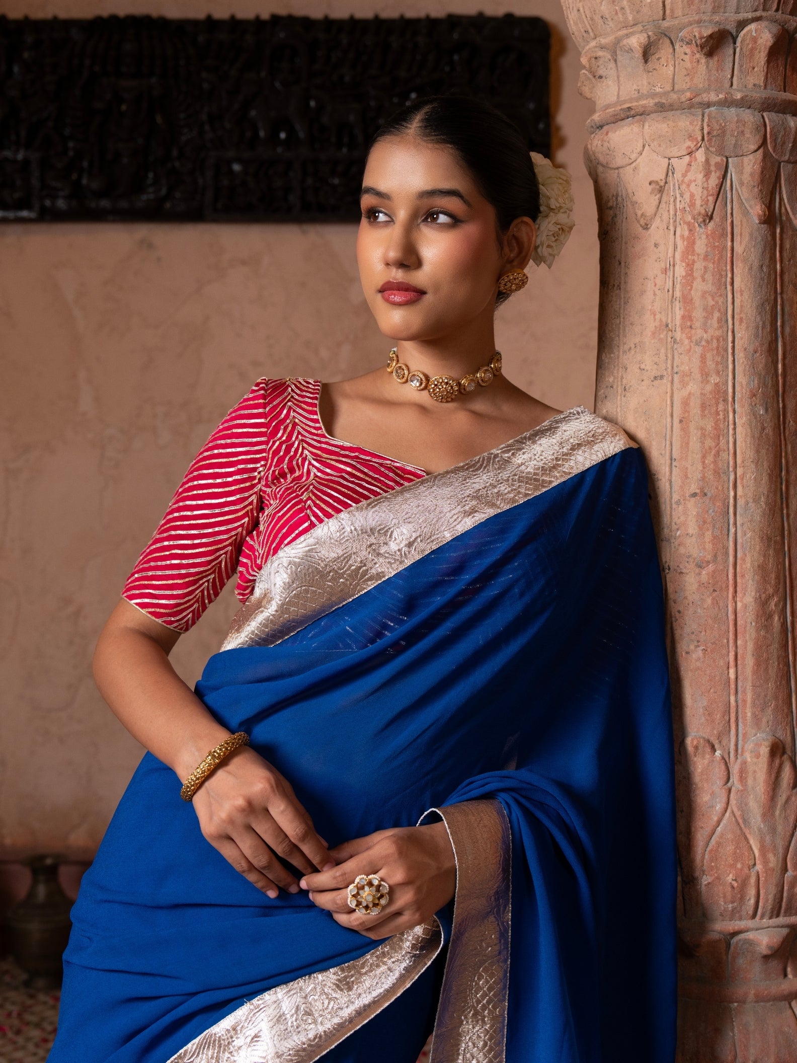 Royal Blue Georgette Handloom Gota Patti Saree