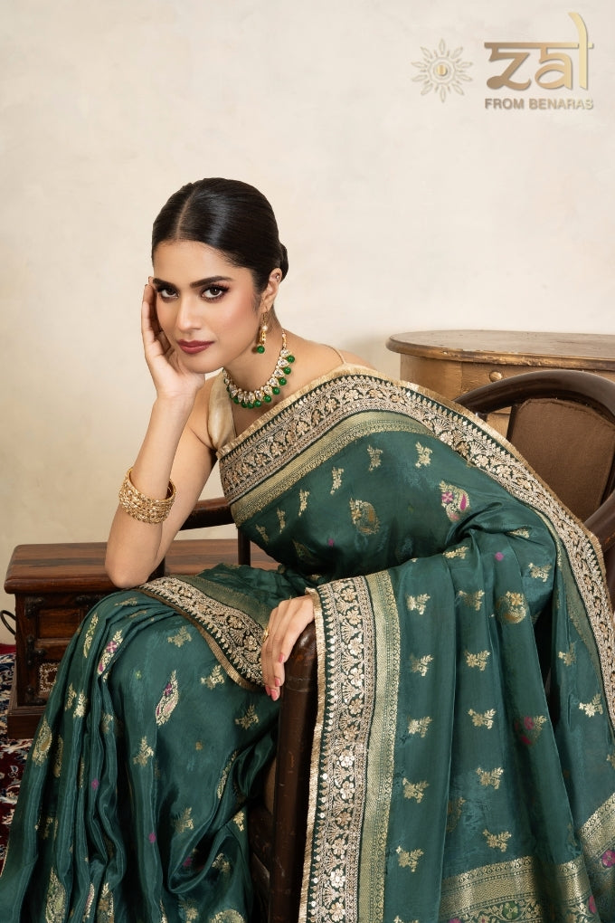 Teal Green Pure Katan Silk Banarasi Handloom Saree