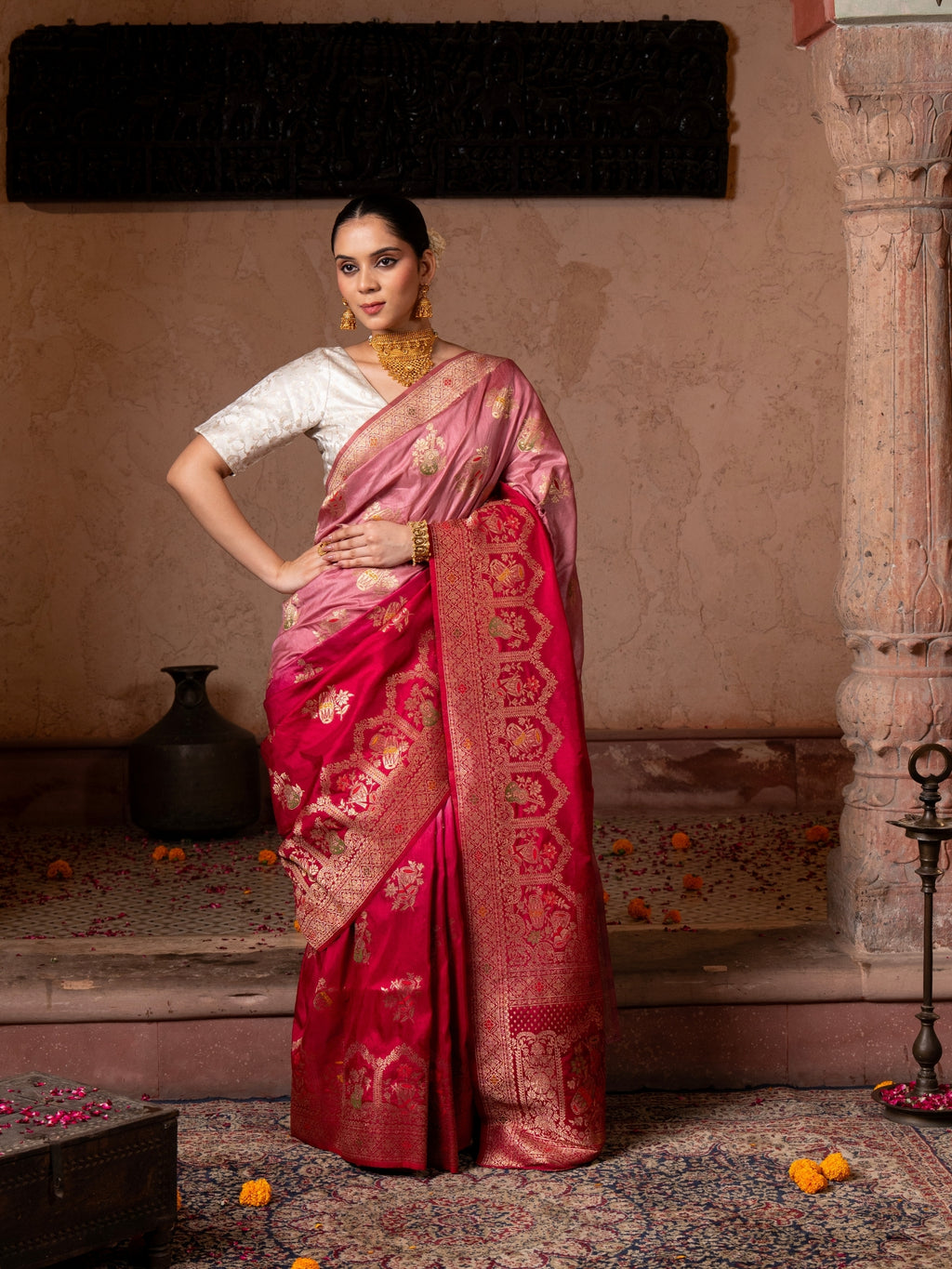 Red pink Motif Pure Katan silk Banarasi Handloom Saree