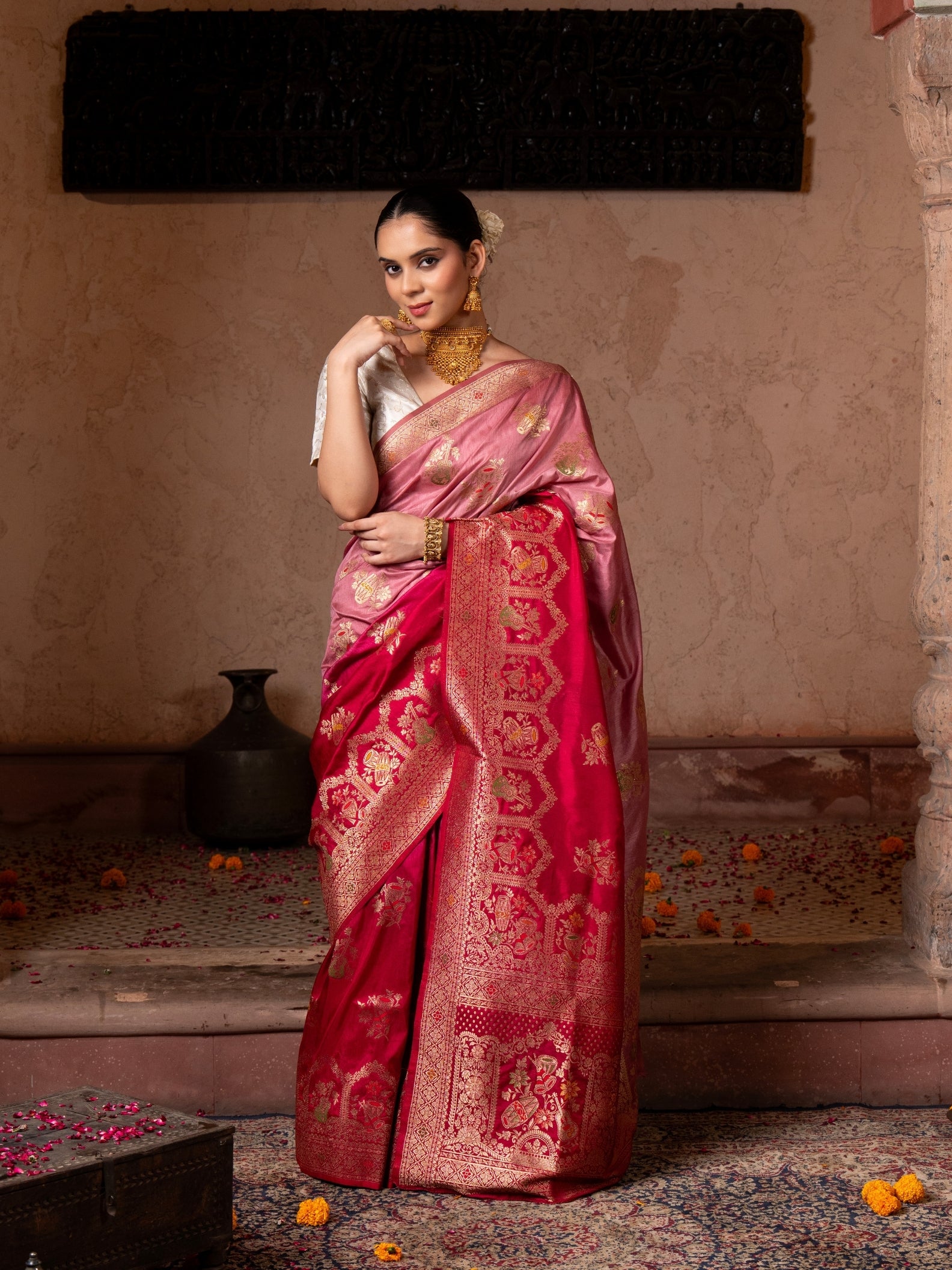 Red pink Motif Pure Katan silk Banarasi Handloom Saree