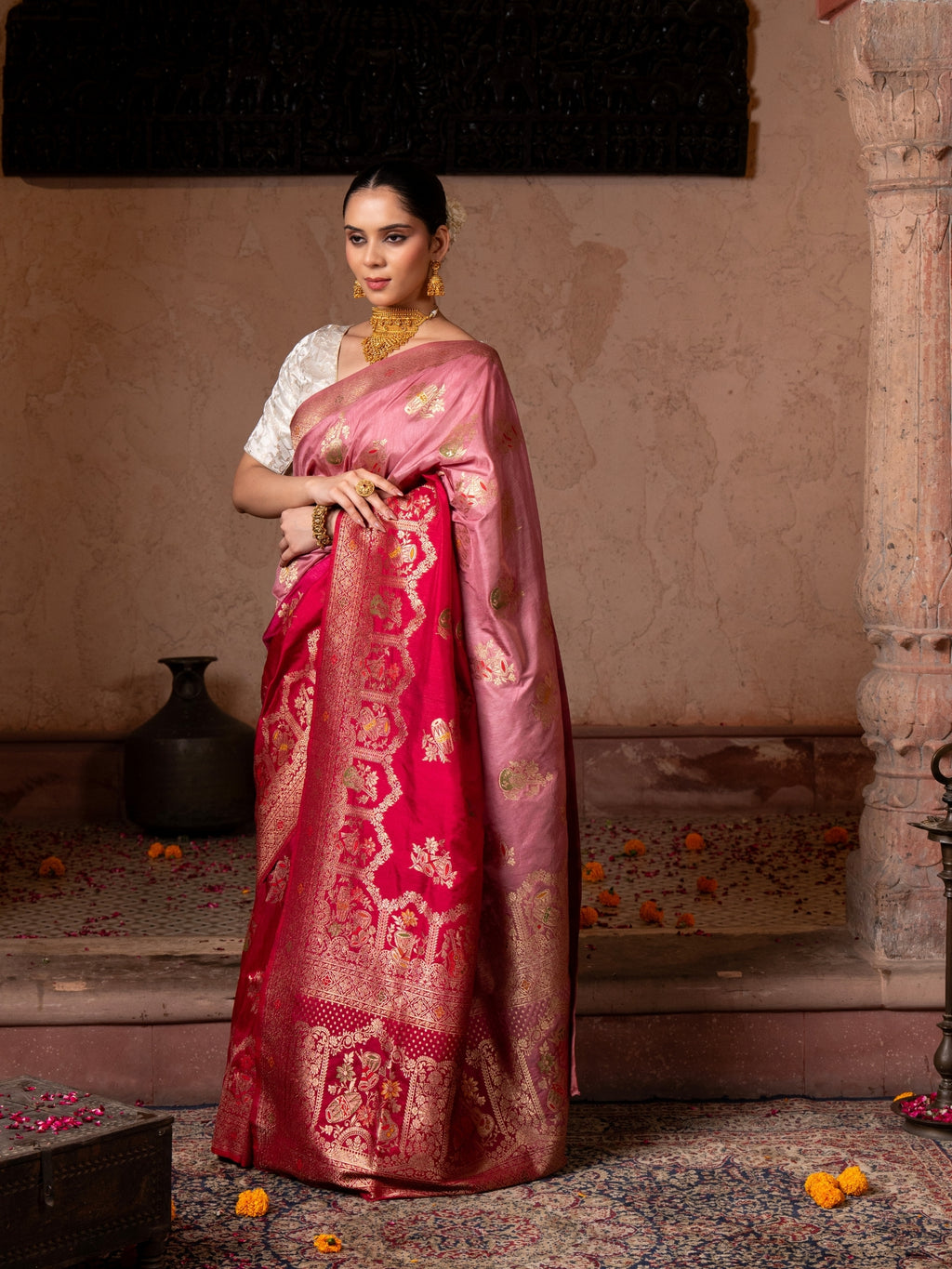 Red pink Motif Pure Katan silk Banarasi Handloom Saree