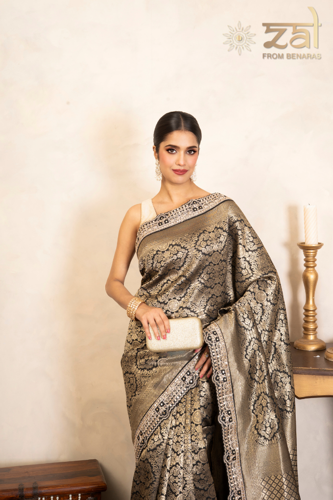 Black Pure Katan Brocade Banarasi Handloom Saree
