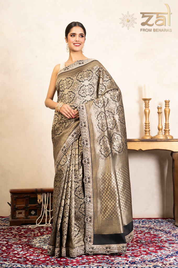 Black Pure Katan Brocade Banarasi Handloom Saree