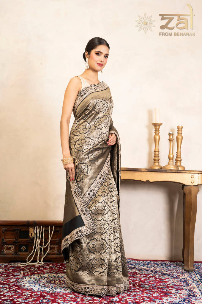 Black Pure Katan Brocade Banarasi Handloom Saree