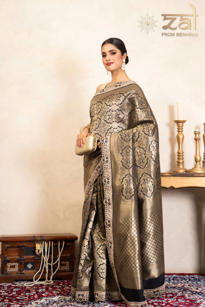 Black Pure Katan Brocade Banarasi Handloom Saree