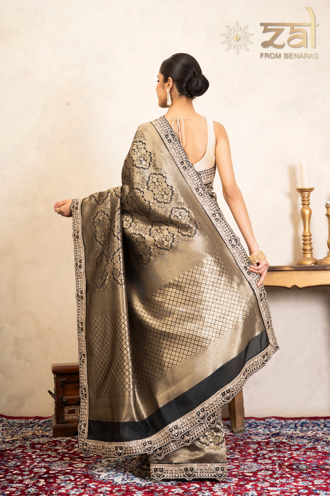 Black Pure Katan Brocade Banarasi Handloom Saree