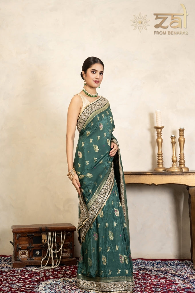 Teal Green Pure Katan Silk Banarasi Handloom Saree