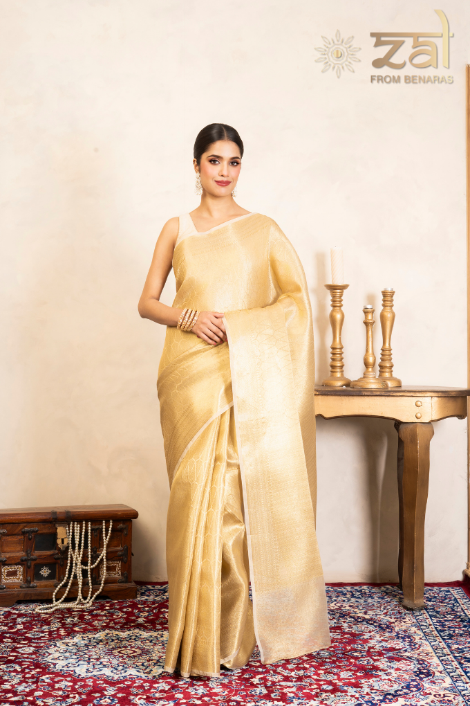 Golden Pure Katan Kanjeevaram Silk Banarasi Handloom Saree
