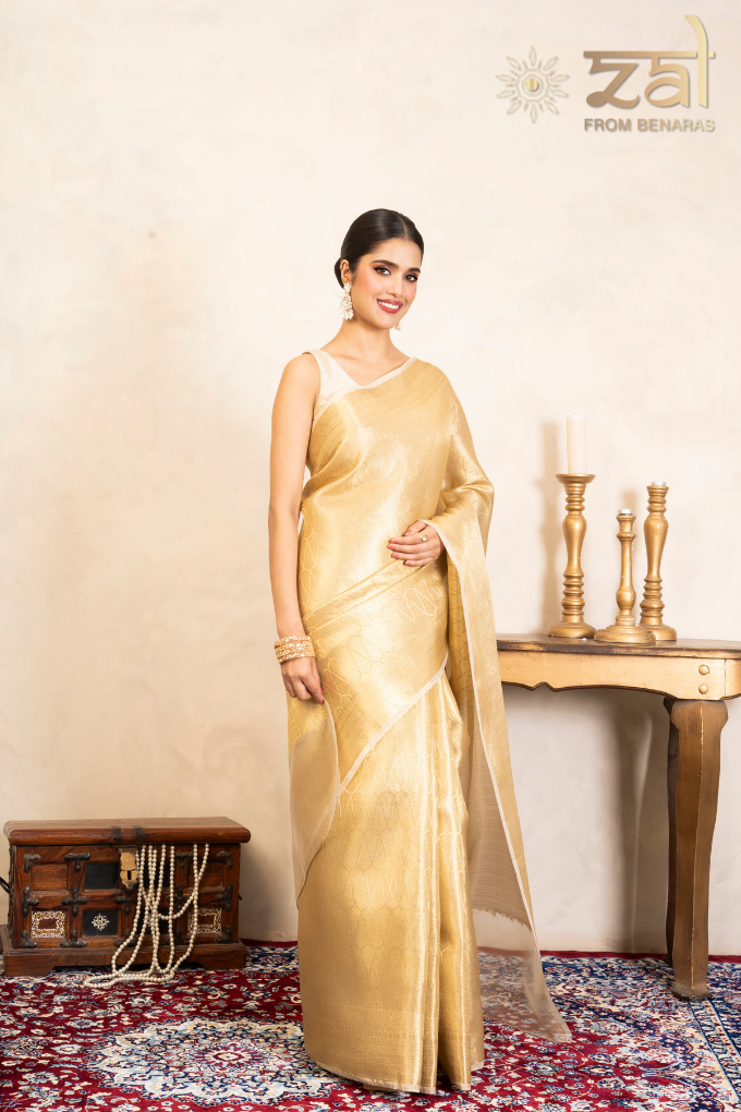 Golden Pure Katan Kanjeevaram Silk Banarasi Handloom Saree