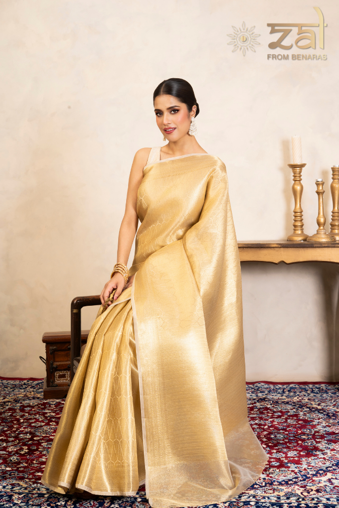 Golden Pure Katan Kanjeevaram Silk Banarasi Handloom Saree