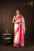 Cream Pink Pure Silk Brocade Banarasi Handloom Saree