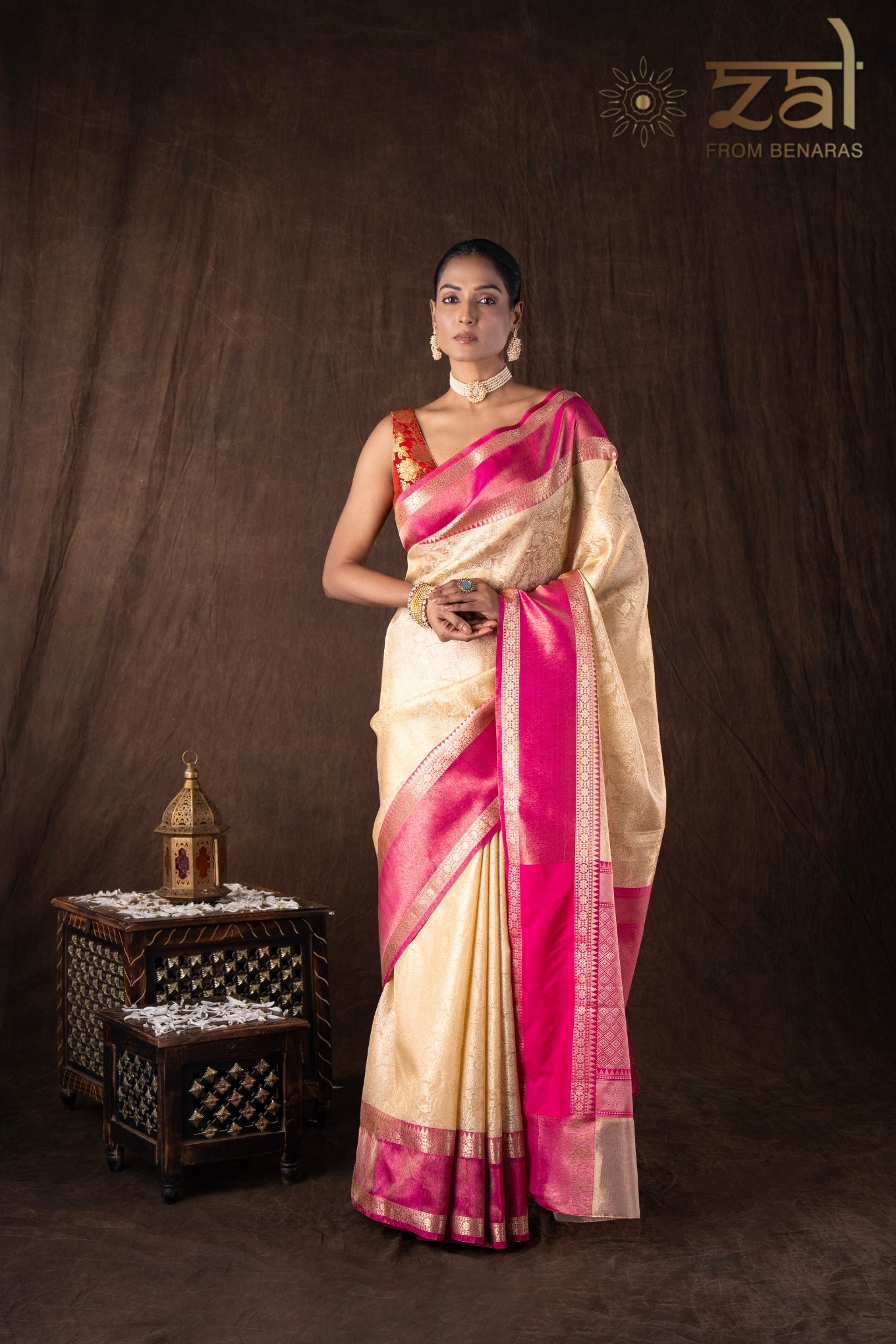 Cream Pink Pure Silk Brocade Banarasi Handloom Saree