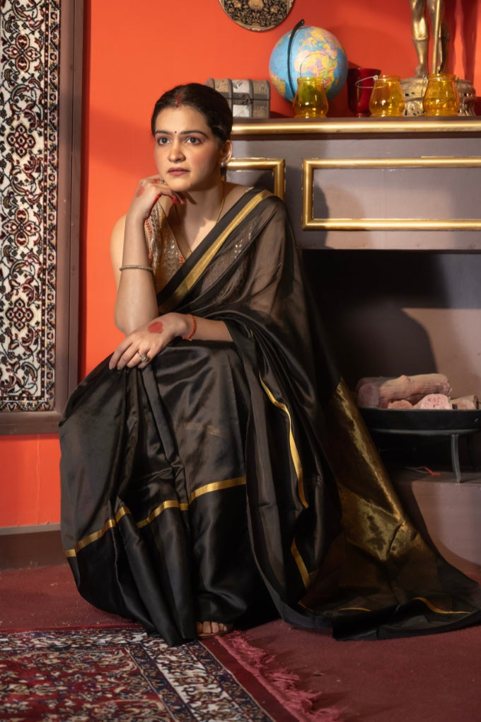 Black Pure Pattu Silk Chanderi Handloom saree