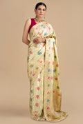 Cream Pure Katan Silk Banarasi meenakari Handloom saree