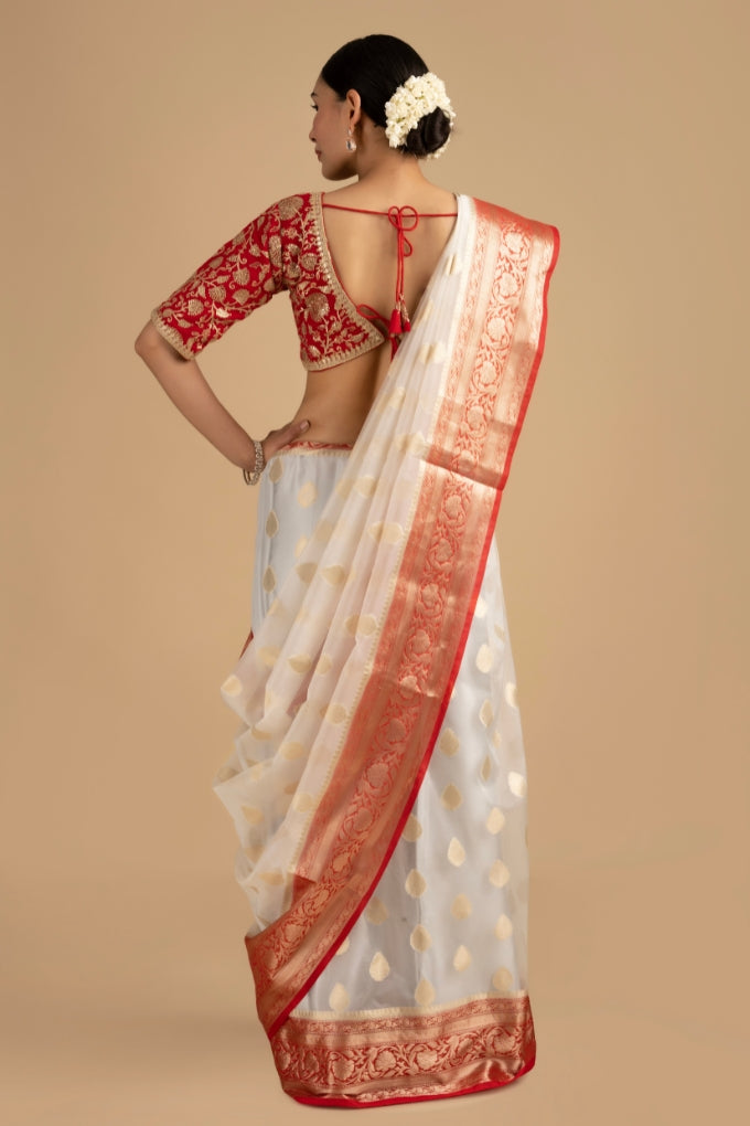 White - Red Kora Organza Silk Banarasi Handloom Saree