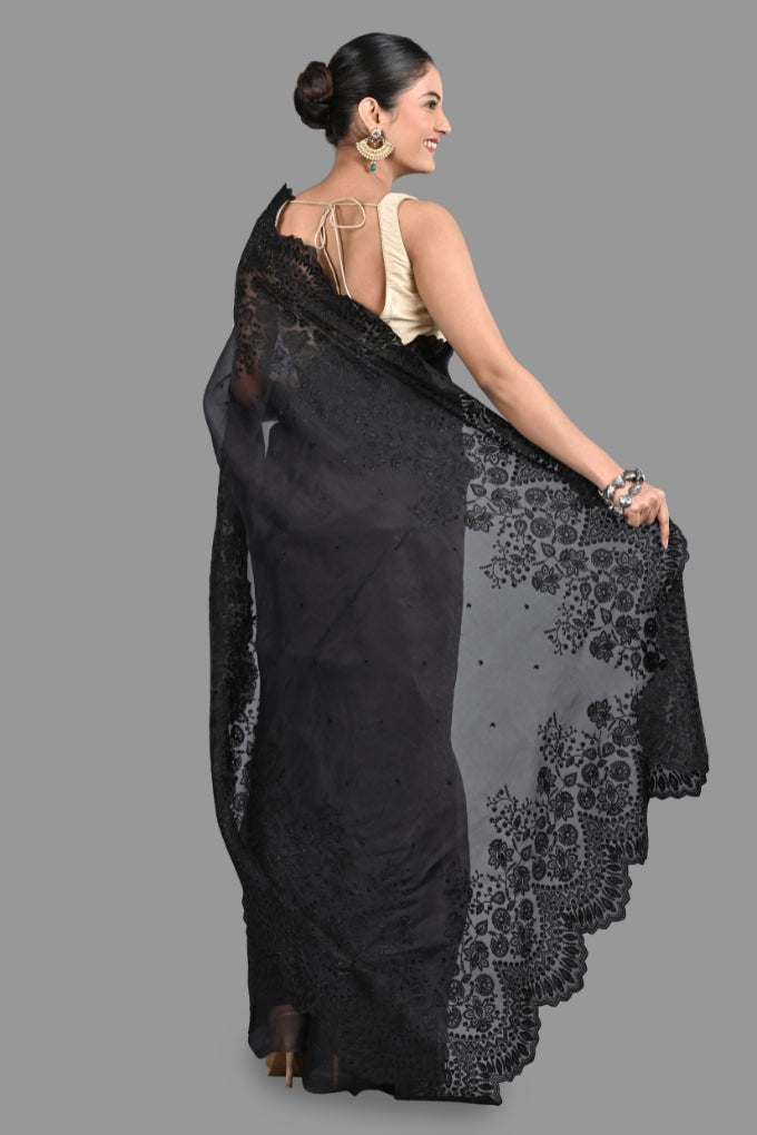 Black pure Organza Silk Saree with chikankari Hand Embroidery