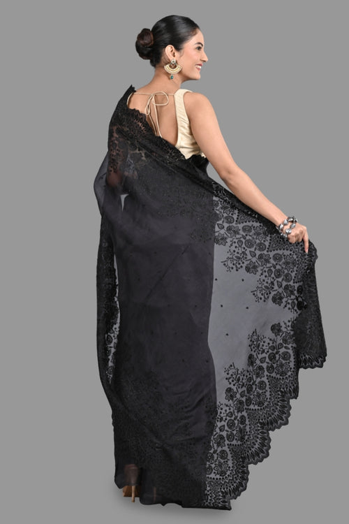 Black pure Organza Silk Saree with chikankari Hand Embroidery