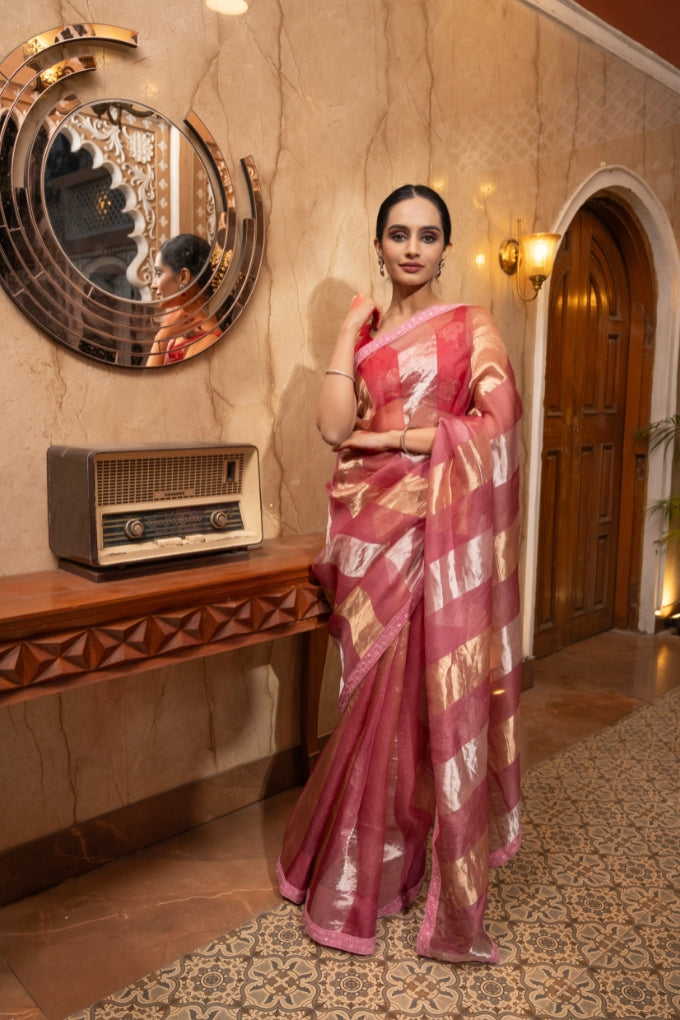 Onion Pink Pure Organza Silk Stripe Zari Saree