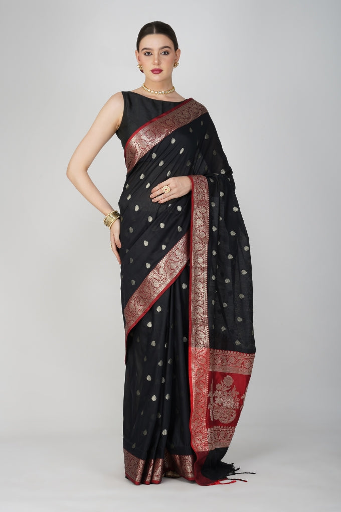 Black Red Pure Katan Silk Banarasi Handloom Saree