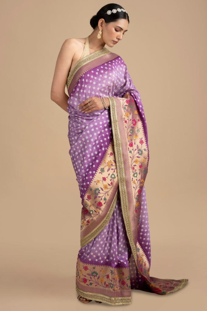Mauve Pure Silk Bandhej handloom Saree