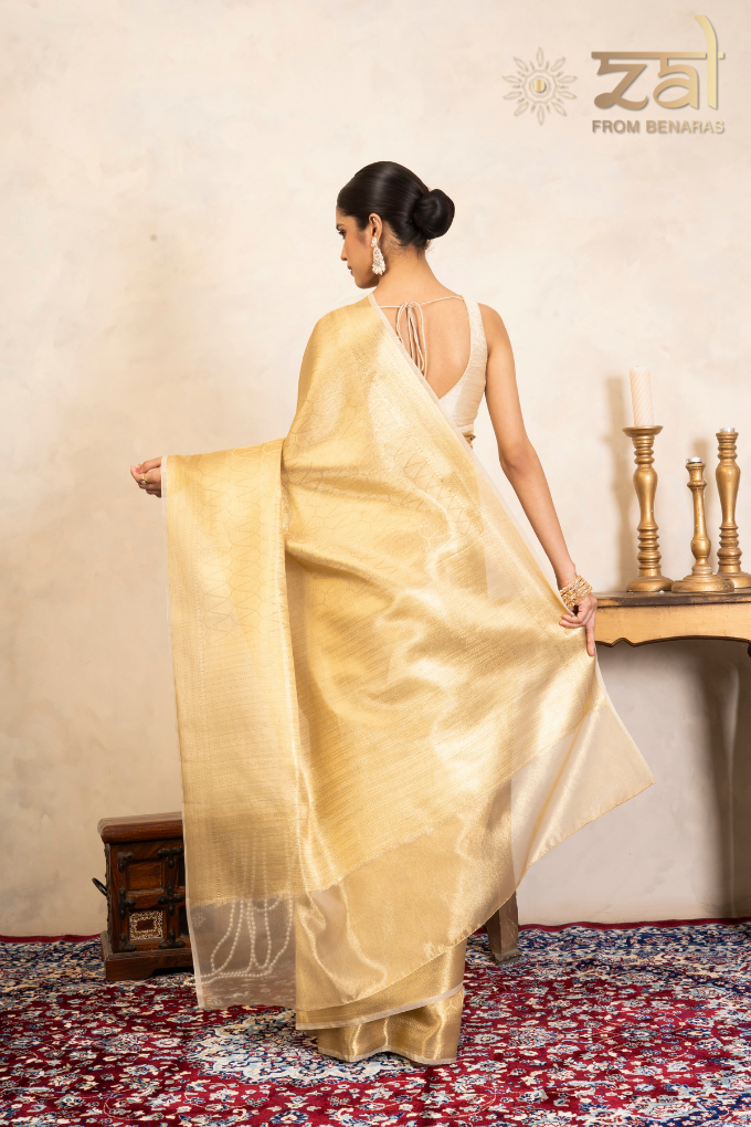 Golden Pure Katan Kanjeevaram Silk Banarasi Handloom Saree