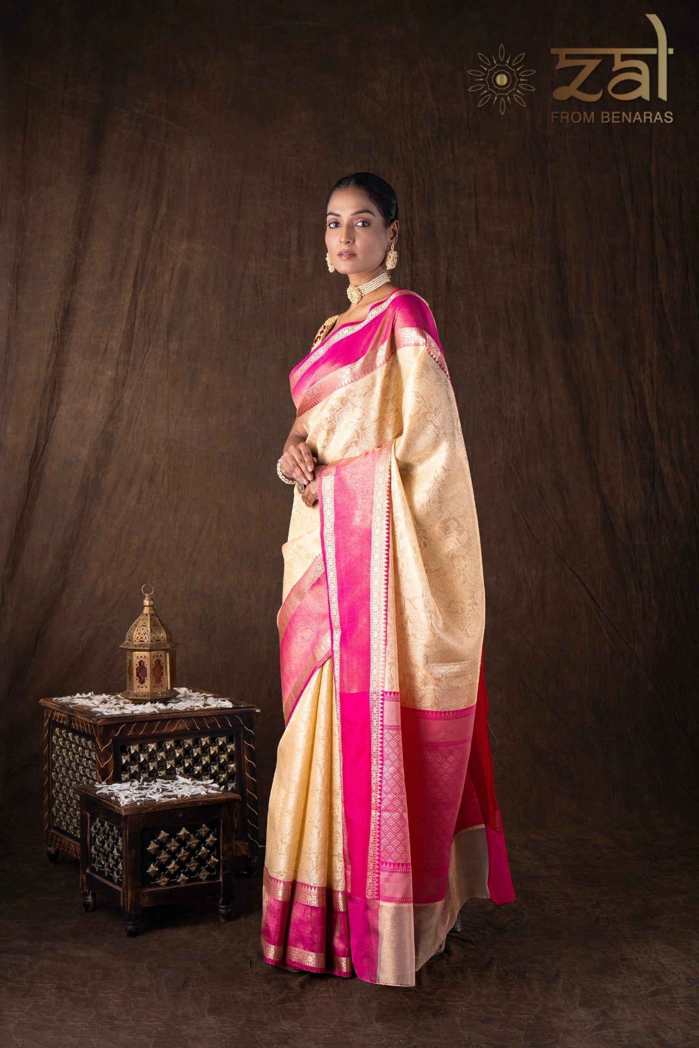 Cream Pink Pure Silk Brocade Banarasi Handloom Saree