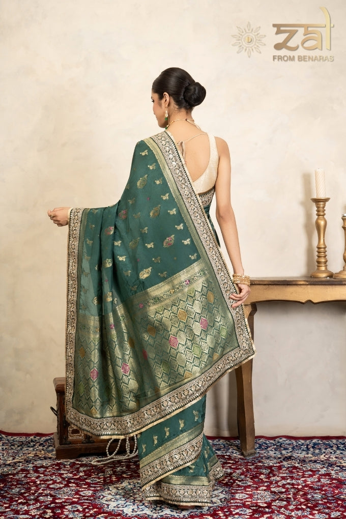 Teal Green Pure Katan Silk Banarasi Handloom Saree