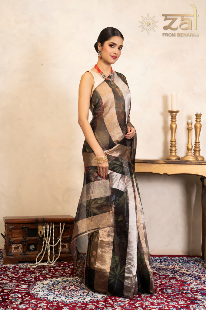 Black Pure Organza Silk Banarasi Handloom Digital Print Saree