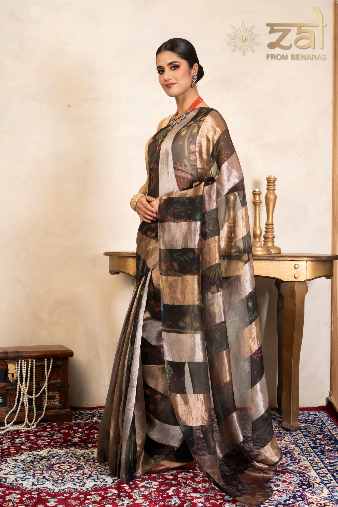 Black Pure Organza Silk Banarasi Handloom Digital Print Saree