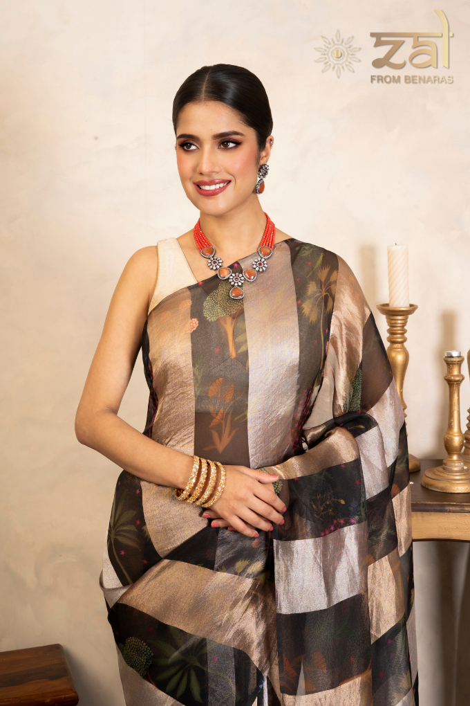 Black Pure Organza Silk Banarasi Handloom Digital Print Saree