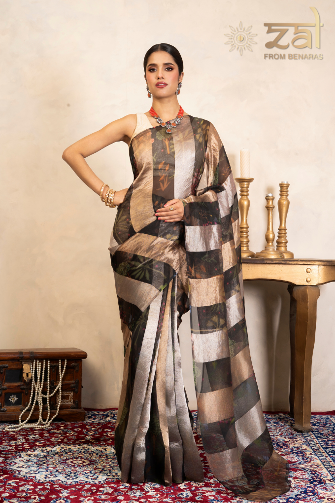 Black Pure Organza Silk Banarasi Handloom Digital Print Saree