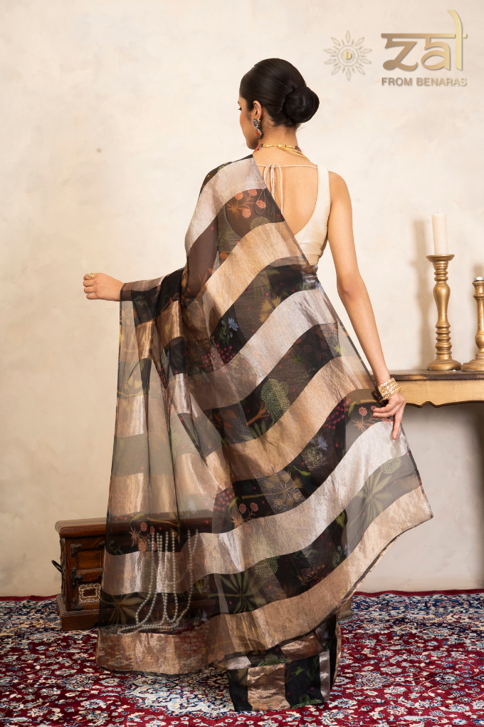 Black Pure Organza Silk Banarasi Handloom Digital Print Saree