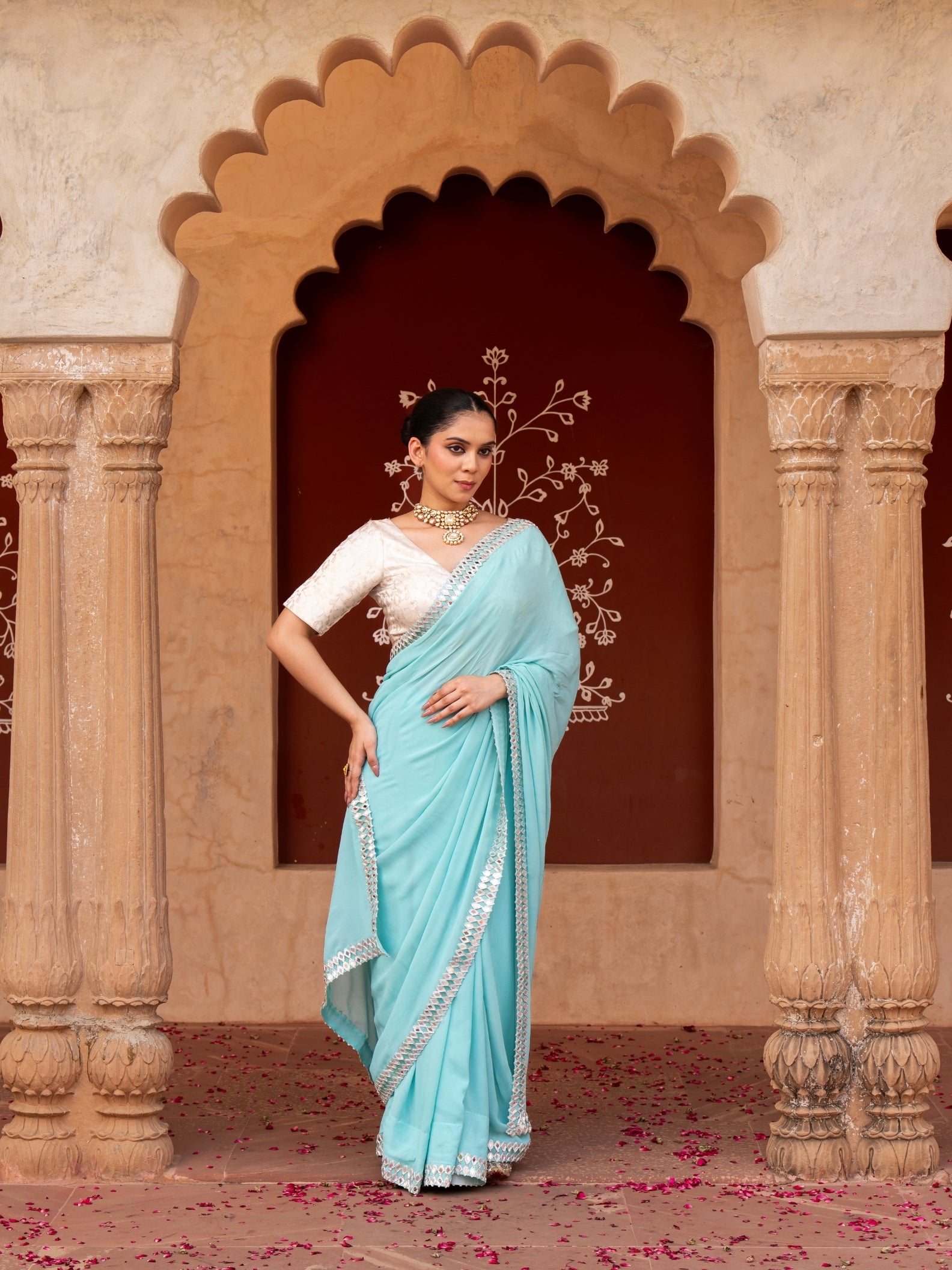 Sky Blue Pure Georgette Handloom Mirror Work Saree