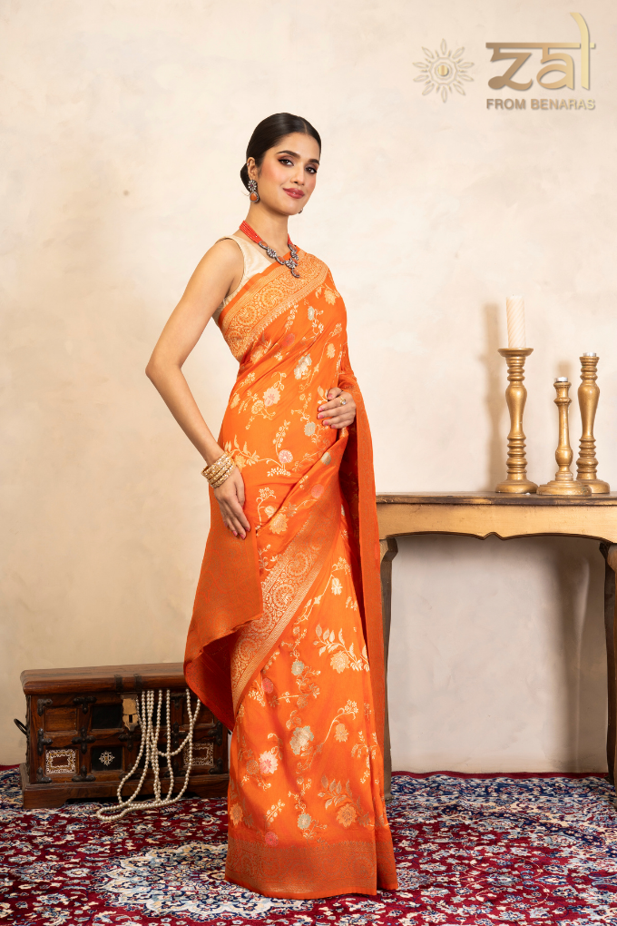 Orange Pure Katan Silk Banarasi Handloom Saree