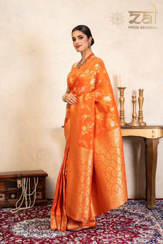 Orange Pure Katan Silk Banarasi Handloom Saree