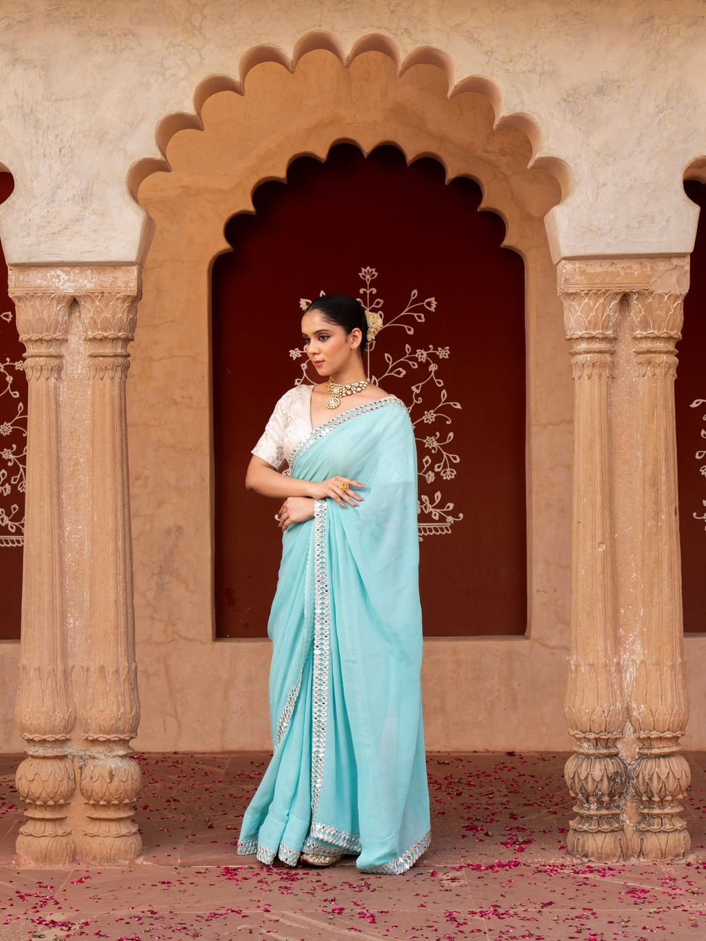 Sky Blue Pure Georgette Handloom Mirror Work Saree