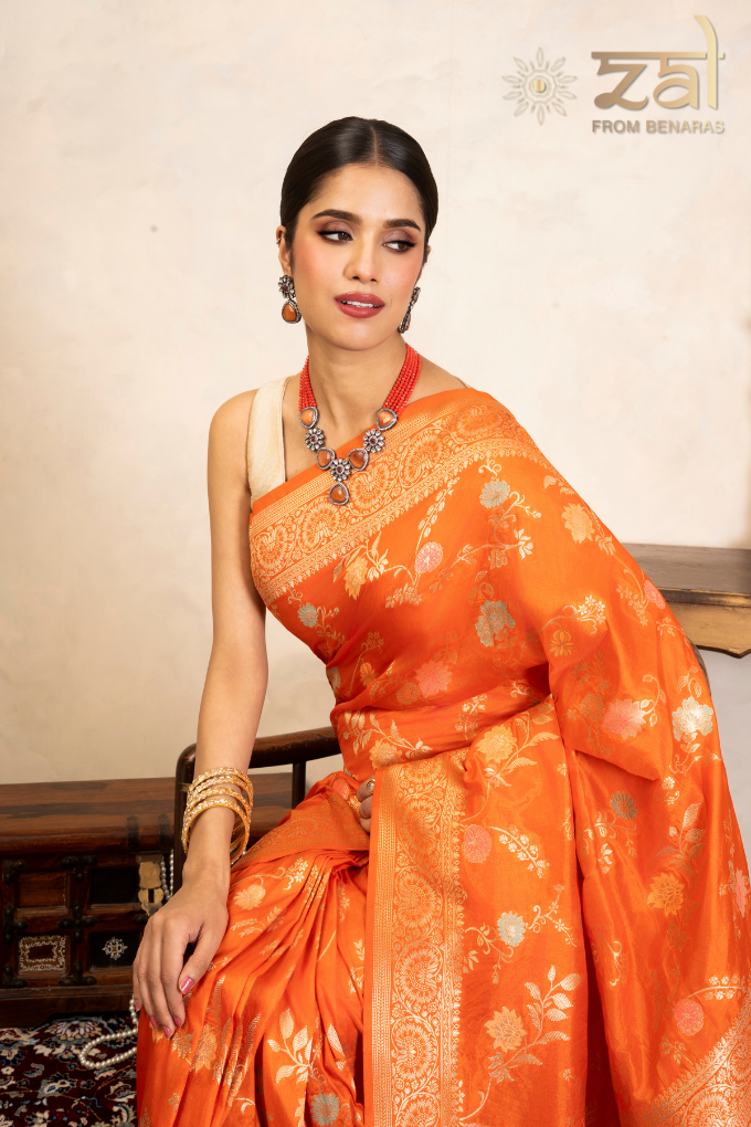 Orange Pure Katan Silk Banarasi Handloom Saree