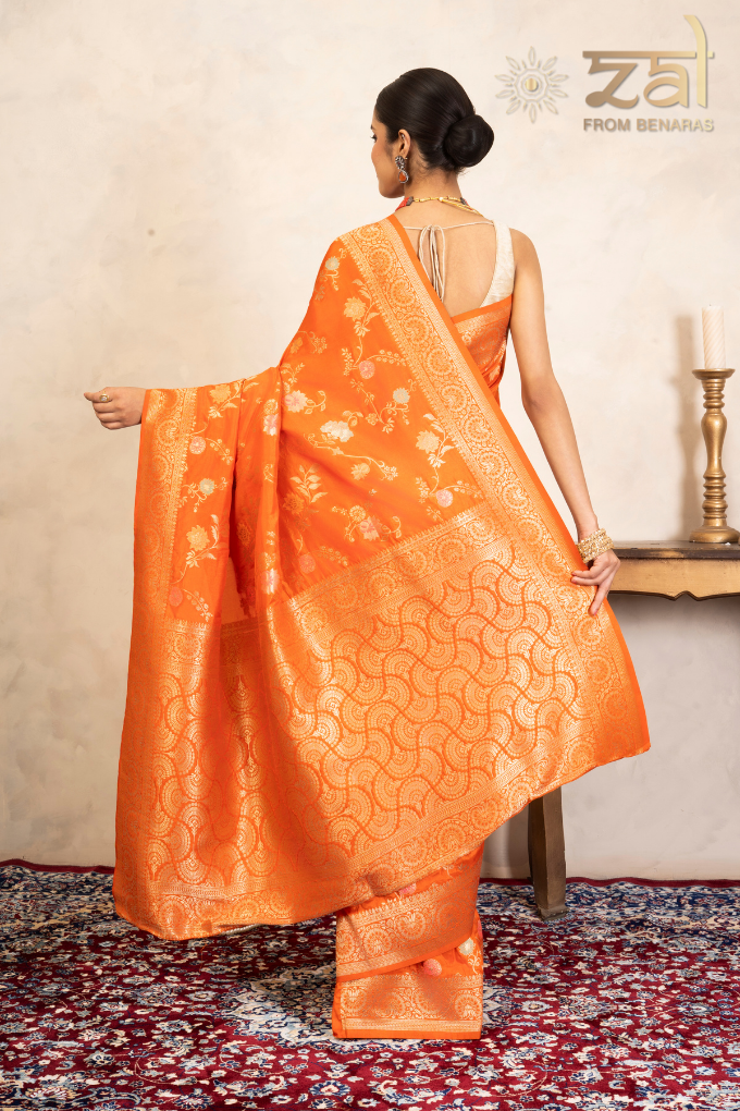 Orange Pure Katan Silk Banarasi Handloom Saree