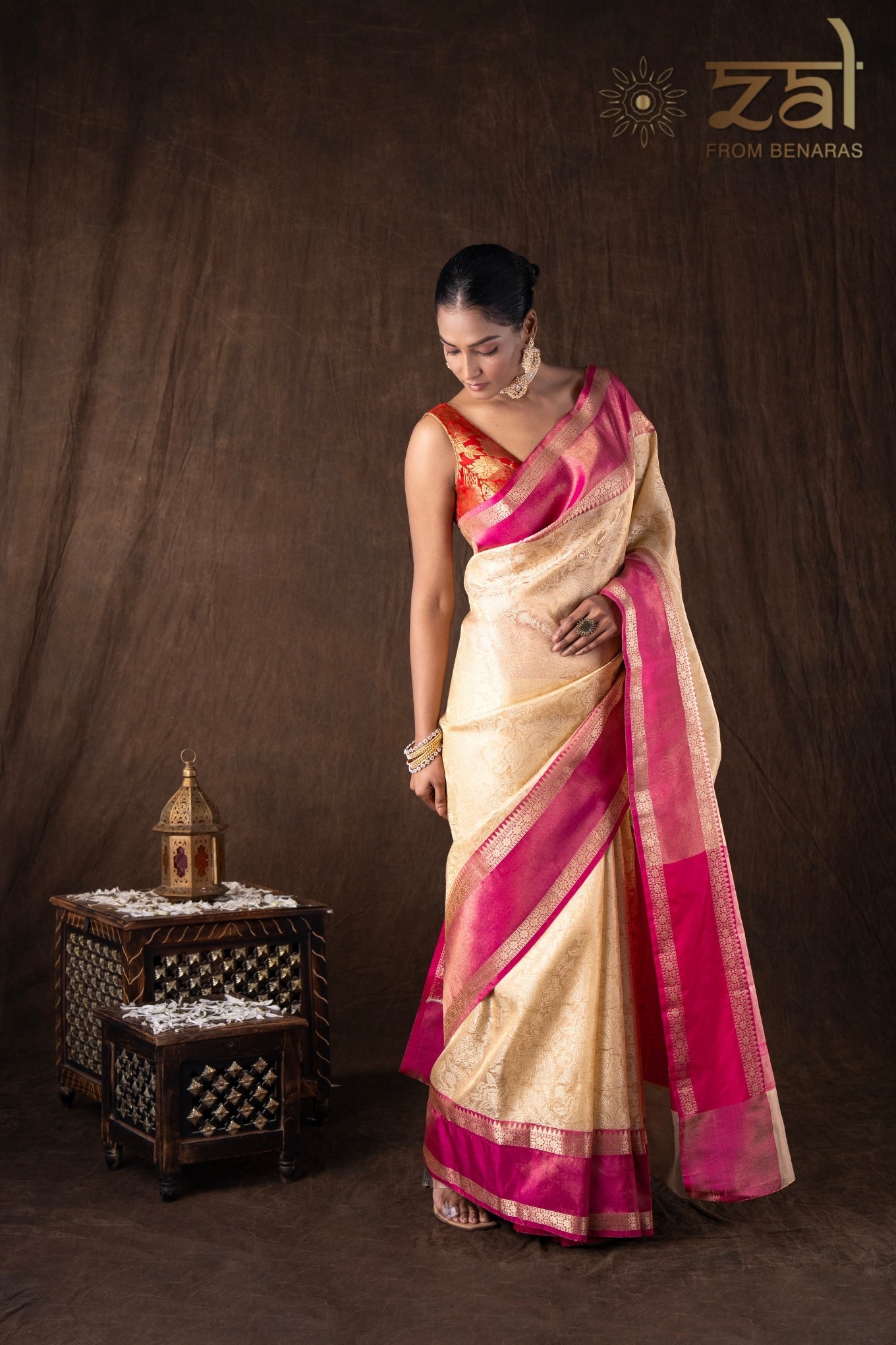 Cream Pink Pure Silk Brocade Banarasi Handloom Saree