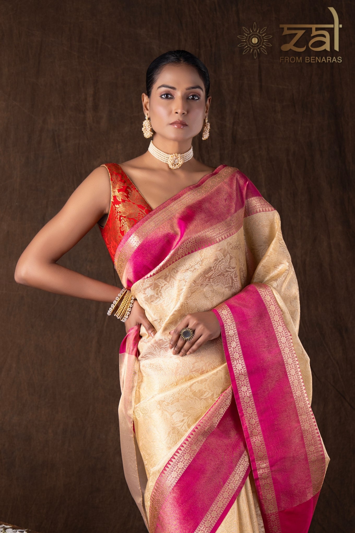 Cream Pink Pure Silk Brocade Banarasi Handloom Saree