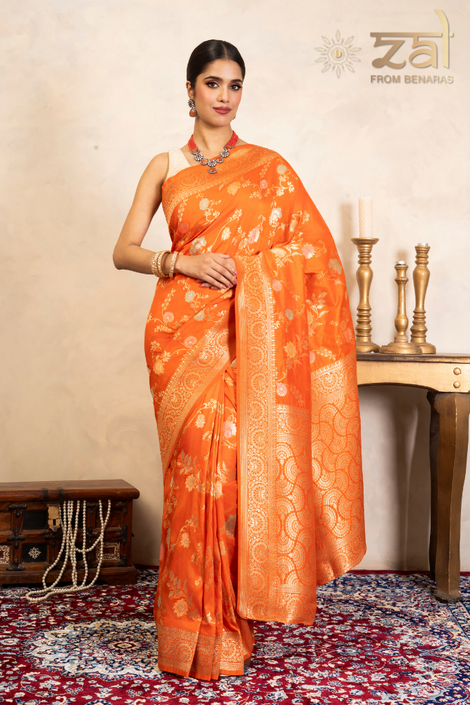 Orange Pure Katan Silk Banarasi Handloom Saree