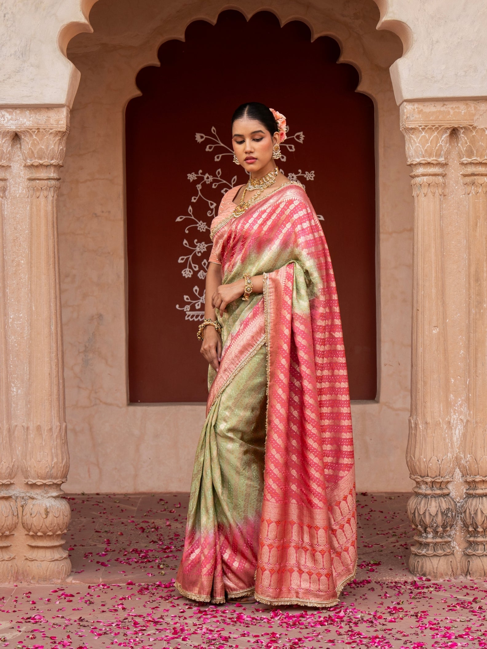 Sea green Pink Bridal Pure Katan Silk Banarasi Handloom Saree