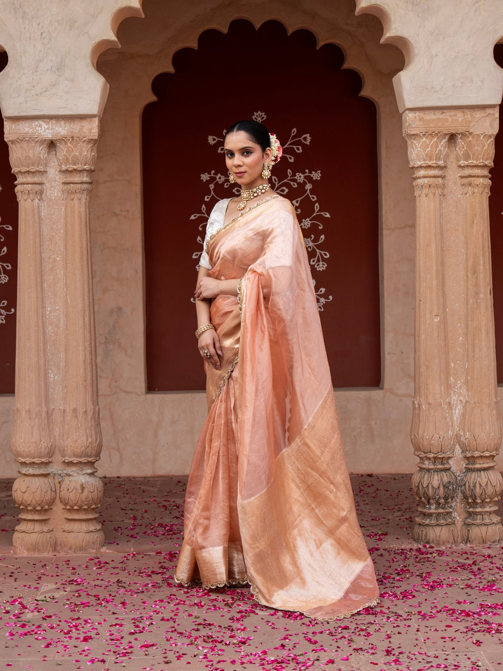 Peach Pure Tissue Silk Banarasi Handloom Saree