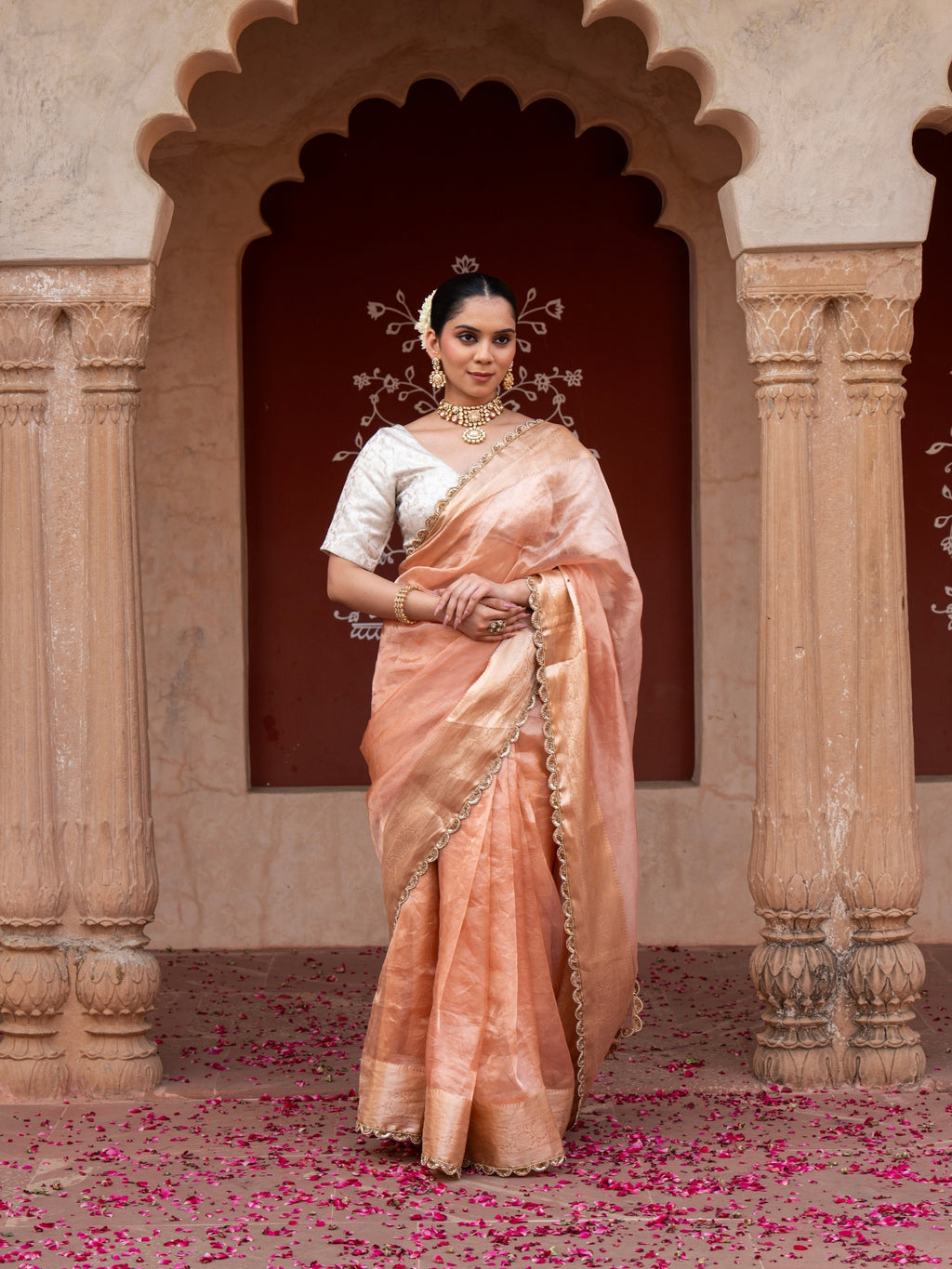 Peach Pure Tissue Silk Banarasi Handloom Saree