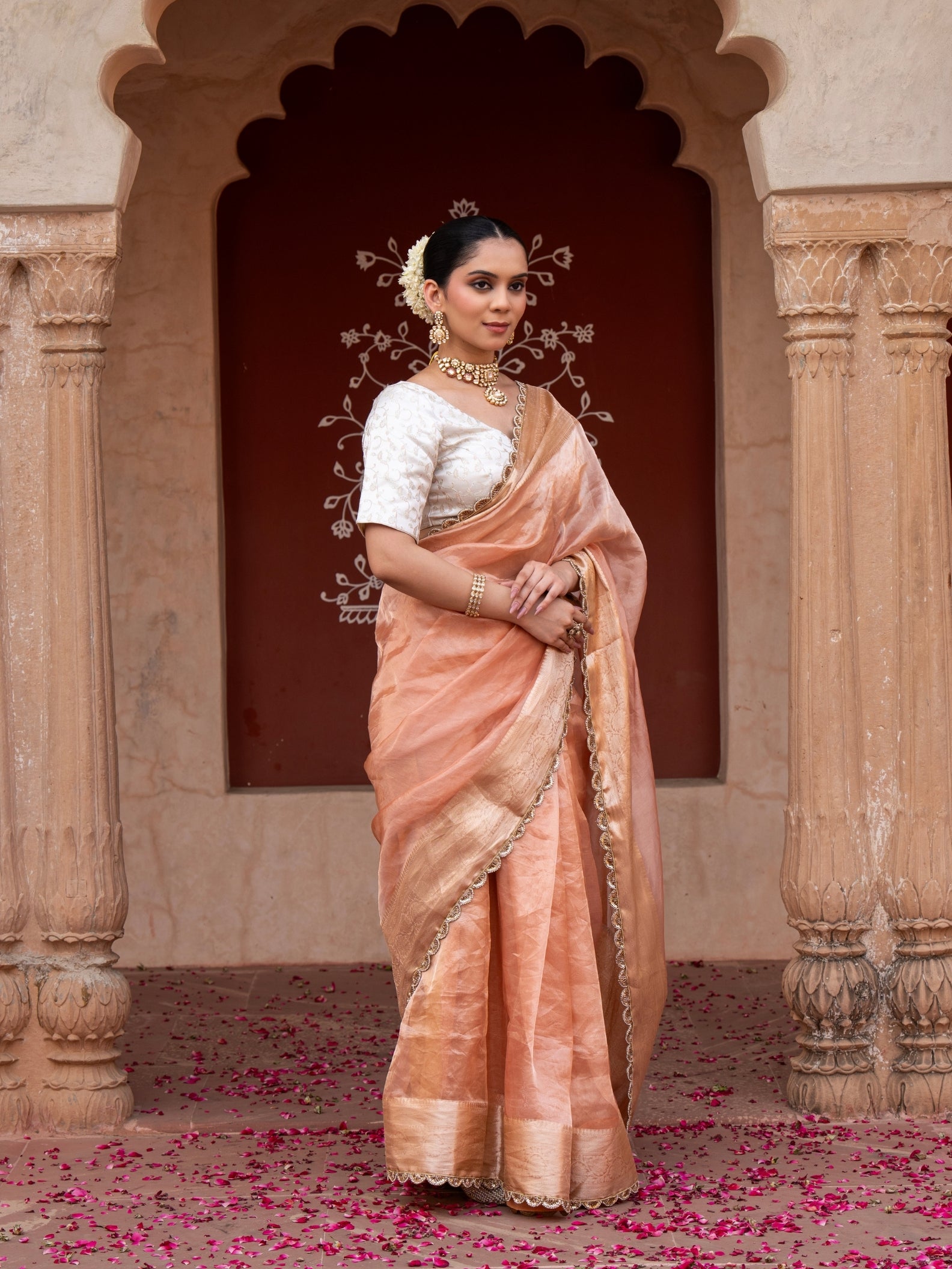 Peach Pure Tissue Silk Banarasi Handloom Saree