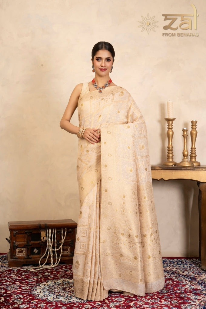Beige Pink Pure Silk Banarasi Handloom Saree