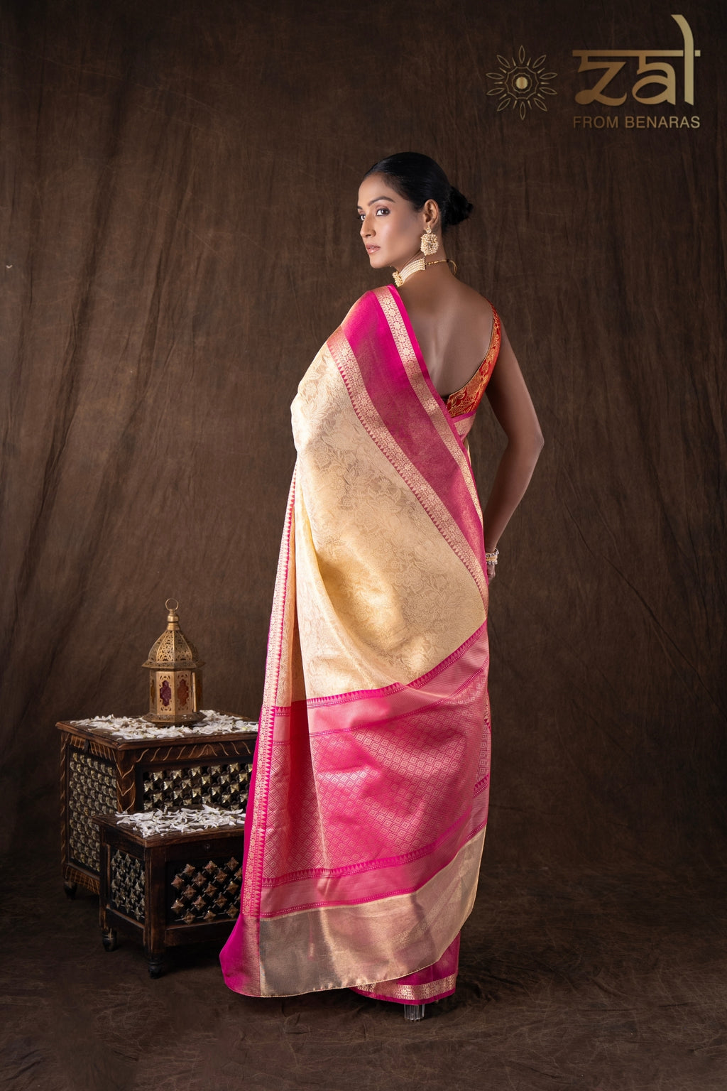 Cream Pink Pure Silk Brocade Banarasi Handloom Saree