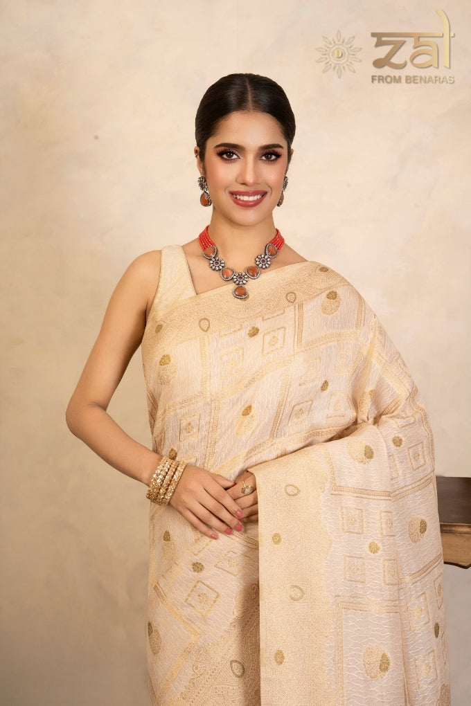 Beige Pink Pure Silk Banarasi Handloom Saree