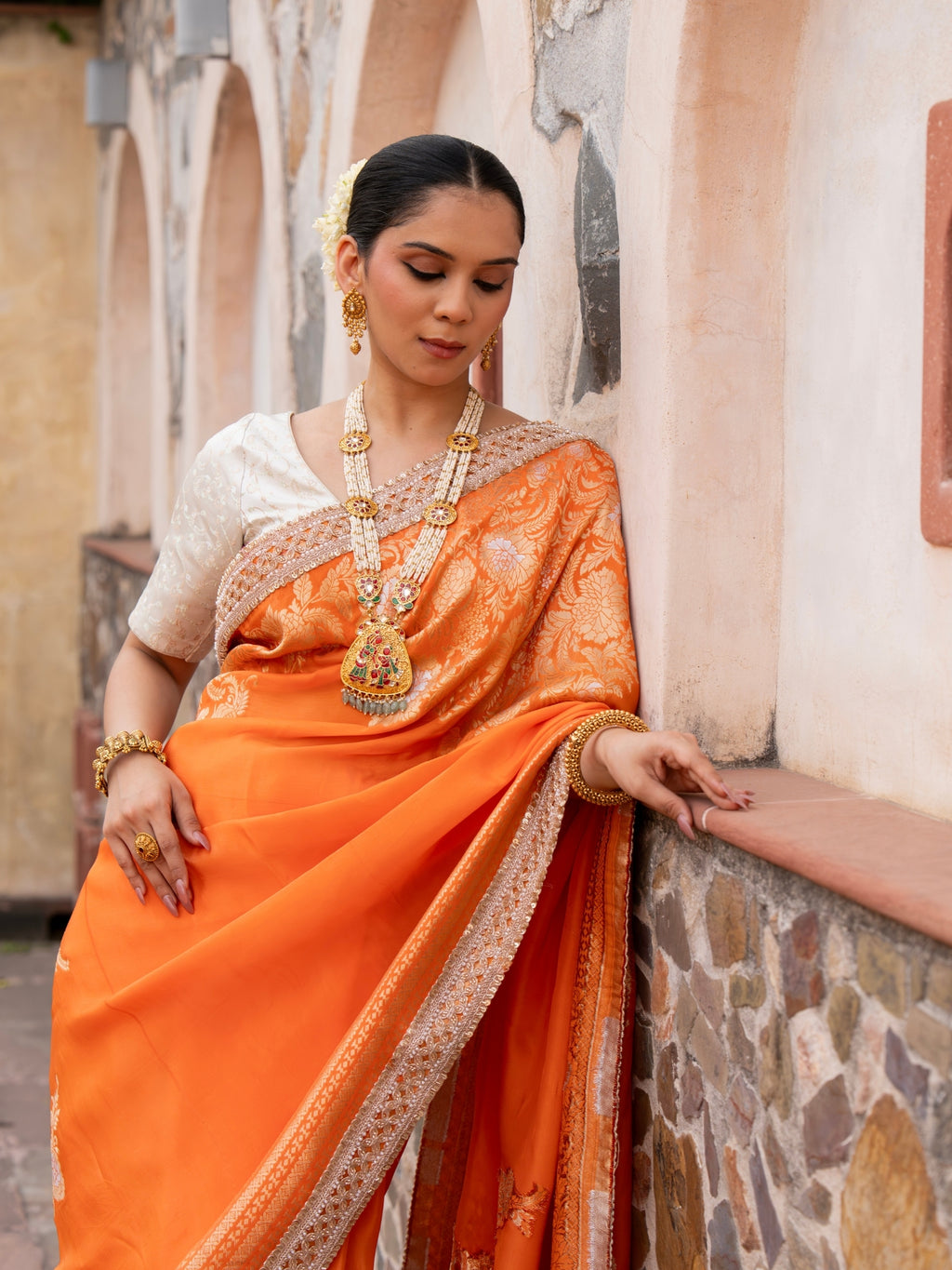 Orange Pure Katan Silk Bridal Banarasi Handloom Saree